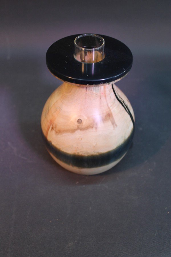 Vase aus Erle mit blauem Epoxidharz, D=12cm, H=15cm mit Glaseinsatz 3x15cm